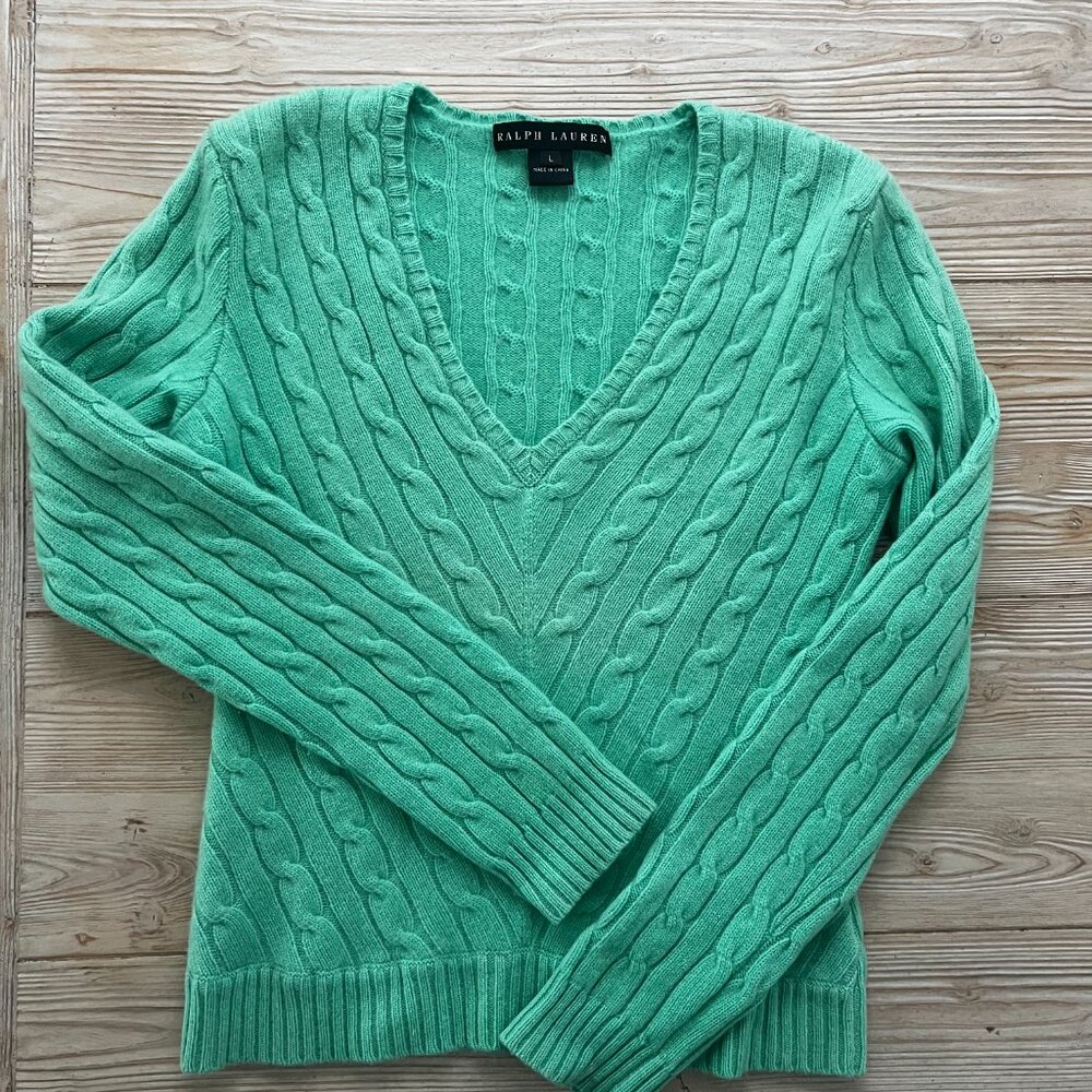 Ralph Lauren 100% Cashmere Cable Knit V-Neck Sweater Mint Green L